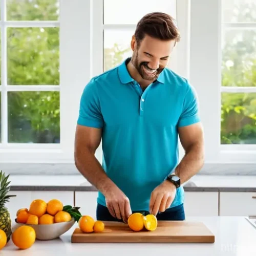 Home 17 남성 불임 검사를 위한 준비사항 - **Prompt:** A fit, healthy man in his early 30s, with a warm, gentle smile, stands in a brightly lit...