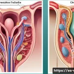요도염 원인과 진단 방법 - A detailed medical illustration showing the anatomy of the male and female urinary tract with a focu...