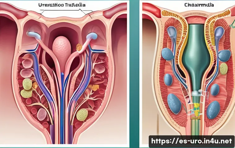 요도염 원인과 진단 방법 - A detailed medical illustration showing the anatomy of the male and female urinary tract with a focu...