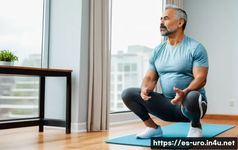 전립선 건강을 위한 예방 운동 - A middle-aged Hispanic man performing pelvic floor contraction exercises indoors, sitting comfortabl...