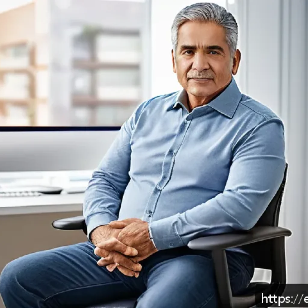 전립선염 증상과 완화 방법 - A middle-aged Hispanic man sitting on an office chair with a subtle expression of discomfort, gently...