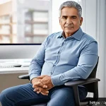 전립선염 증상과 완화 방법 - A middle-aged Hispanic man sitting on an office chair with a subtle expression of discomfort, gently...