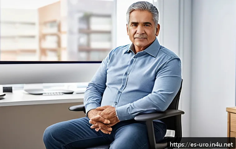 전립선염 증상과 완화 방법 - A middle-aged Hispanic man sitting on an office chair with a subtle expression of discomfort, gently...