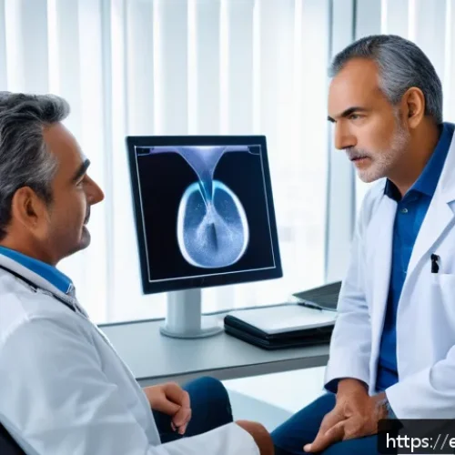 소변 배출 장애로 인한 잔뇨감 해결법 - A professional middle-aged Hispanic man consulting a urologist in a modern clinic setting in Spain, ...