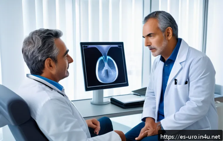 소변 배출 장애로 인한 잔뇨감 해결법 - A professional middle-aged Hispanic man consulting a urologist in a modern clinic setting in Spain, ...