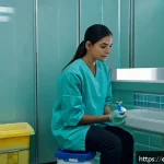 비뇨기과 진료 중 소변 검사 과정 - A clean, modern clinical setting showing a patient preparing to provide a urine sample, holding a st...