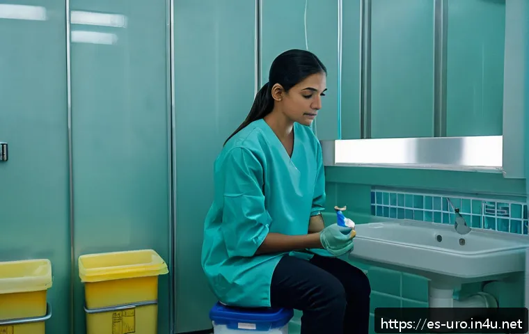 비뇨기과 진료 중 소변 검사 과정 - A clean, modern clinical setting showing a patient preparing to provide a urine sample, holding a st...