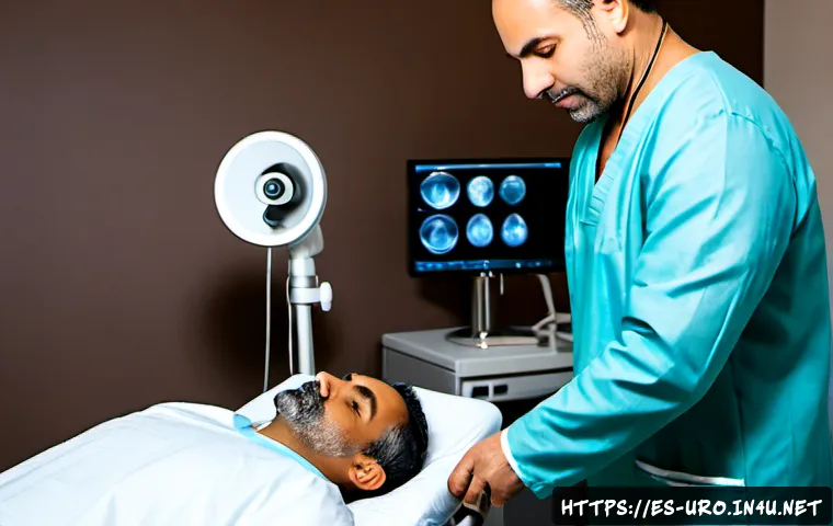 비뇨기과에서 시행하는 초음파 검사 - Photorealistic urology ultrasound examination in a modern Spanish clinic, middle-aged Hispanic male ...