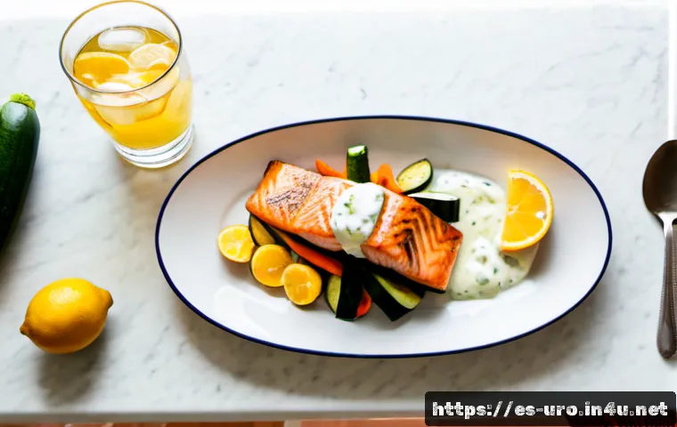 신장결석 완화를 위한 식단 - Photorealistic overhead kitchen table scene for a kidney-stone-friendly meal, grilled salmon with st...