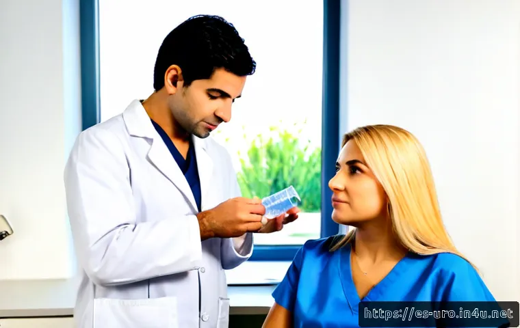 소변에 농이 섞여 나오는 원인 - Photorealistic Spanish-speaking adult patient consulting a compassionate female doctor in a clean mo...